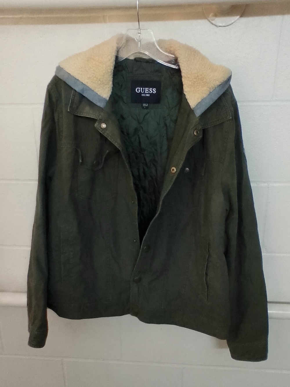 GUESS Olive Green Field Jacket with Cream Sherpa Lined Grey Hoodie